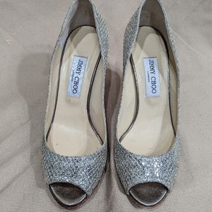 Jimmy Choo women wage sole shoes with silver glitter and open toe shoes